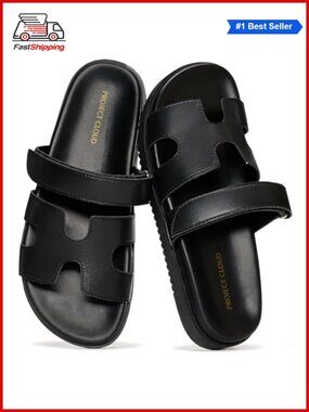 Genuine Leather Flatform Slide Sandals Adjustable Slip-On for Women